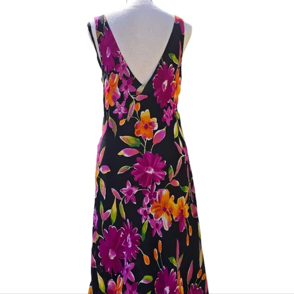 Vintage Beaded Sequin Asymetrical Black Pink Floral Sleeveless Maxi Dress | Sz L - Picture 4 of 6